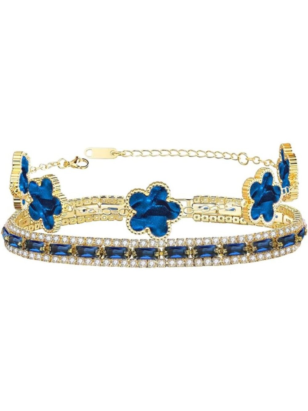 Multicolored CZ Tennis & Flower Bracelet Set - 2Pcs Women's Stacked Jewelry